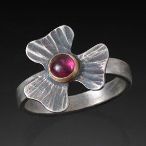 Sterling Silver 925, 14k Gold, and Rhodolite Garnet Ring, Size 8 1/4.